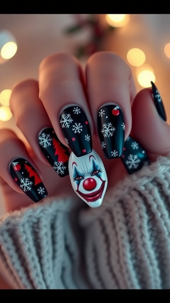 Nail art design with black base, white snowflakes, red Christmas trees, and Art the Clown from Terrifier 3.